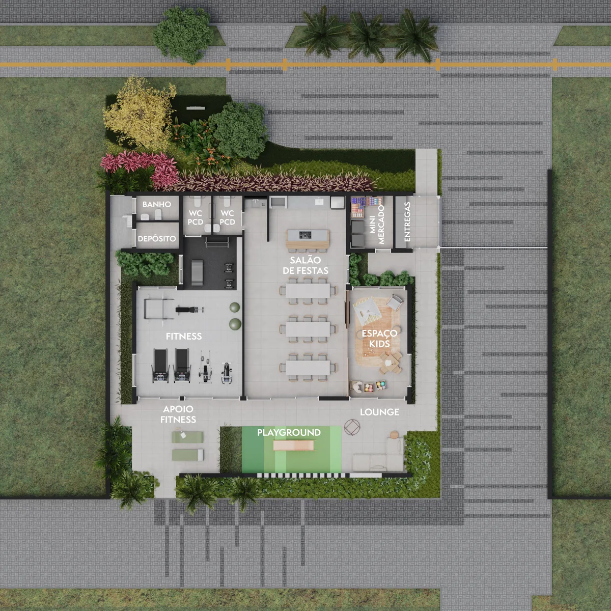 Planta do Club House do condomínio Vértice com salão de festas, fitness, espaço kids, lounge e playground